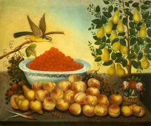 Stillleben: Obst, Vogel und Zwergbirnbaum, 1856 von Charles V. Bond