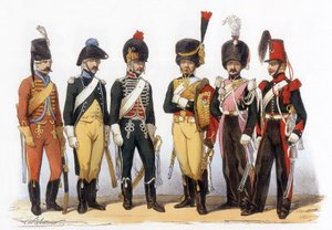 Kostüme der französischen Armee: Lancers g-d: 1745 Jäger (unter Louis XV); 1785 unter Louis XVI; 1794 Republik; 1810 imperiale Garde (1. Kaiserreich); 1824 königliche Garde (Restauration); 1840, Zeichnung von Charles Vernier (1831-1887)