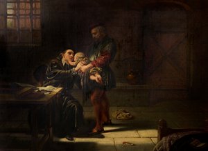 Das Martyrium von Laurence Saunders in Coventry, mittlere Handtafel des Triptychons von Charles West Cope
