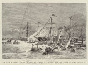 Der ägyptische Dampfer Fayoum fährt in den Hafen von Alexandria ein mit dem Khedive an Bord, eskortiert von Küstenwachkreuzern, auf der Rückkehr aus Konstantinopel von Charles William Wyllie