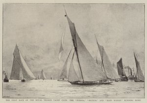 Das erste Rennen des Royal Thames Yacht Club, die Iverna, Meteor und Maid Marian laufen nach Hause von Charles William Wyllie