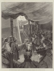 Das Schwimmen der HMS Majestic in Portsmouth am 31. Januar, Prinzessin Louise tauft das Schiff von Charles William Wyllie