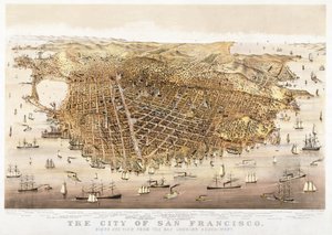Die Stadt San Francisco, Vogelperspektive von der Bucht nach Südwesten, veröffentlicht von Currier & Ives von Charles Richard Parsons