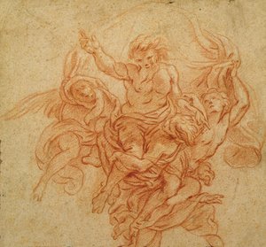 Gott der Vater, unterstützt von Engeln (rote Kreide, mit Weiß auf braunem Papier gehöht)
