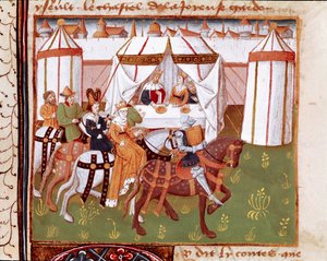Ankunft der Ritter beim Festmahl von König Artus und Königin Guenievre in Camelot. Miniatur aus „Romanesque du Chevalier Tristan“ von Meister Charles von Maine (1440-1460). Chantilly, Condé-Museum von Charles du Maine Master