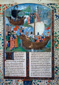 Tristan und Isolde verlassen Irland, Tristan trinkt den Liebestrank. Im Hintergrund werden ihre beiden Körper nach Irland zurückgebracht. Miniatur aus dem Manuskript ms. 103 f.1 Der Roman von Tristan, zugeschrieben dem Meister Charles von Maine. 15. Jahrhu
