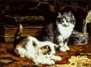 Zwei Kätzchen spielen auf einem Schreibtisch von Charles van den Eycken