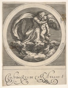 Jupiter, sitzend über zwei Adlern und Amor umarmend, eine runde Komposition aus einer Serie, ca. 1590 von Cherubino Alberti