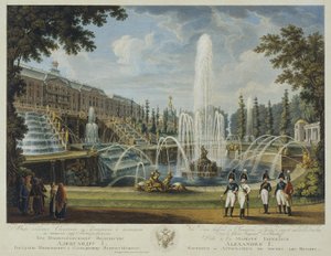 Blick auf die Große Kaskade, Samson-Brunnen und Großer Palast in Peterhof, frühes 19. Jahrhundert von Chessky