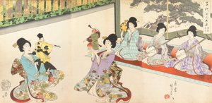 Damen in Wartestellung des Chiyoda-Schlosses: Schwertübungen und Puppen-Kyogen, 1895