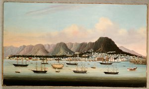 Ein Blick auf Victoria, Hongkong, mit dem Hulk H.M.S Princess Charlotte und amerikanischen, britischen und französischen Schiffen, ca. 1862