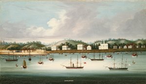 Blick auf Singapur von der Straße mit amerikanischen, französischen und britischen Schiffen, ca. 1850