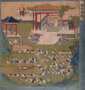 Alter chinesischer Kaiser und Kaiserin halten Hof vor Höflingen, die auf einem Teich Reiswein trinken und sich Speckstreifen nehmen