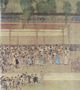 Alte Chinesen warten auf Prüfungsergebnisse, Faksimile der originalen chinesischen Schriftrolle von Chinese School