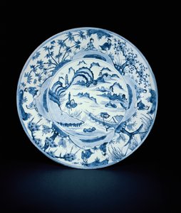 Blau-weißer Teller mit Fischern in einer Flusslandschaft, Tianqi oder Chongzheng, 1620-30 (Porzellan) von Chinese School