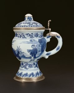Blau-weißer Senftopf mit Deckel, bemalt mit einem Gelehrten und einem Diener, Chongzheng, 1635-40 (Porzellan)