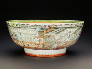 Schale, dekoriert in Mandarin-Palette mit einer Szene der Hongs in Kanton, Qianlong-Periode, ca. 1770 (Porzellan)