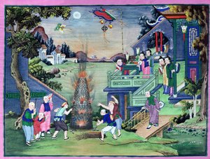 Feier mit Feuerwerk und Drachen von Chinese School