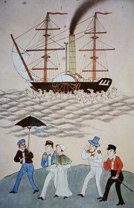 Chinesisches Gemälde des ersten britischen Dampfschiffs und Passagiere, die in Kanton landen, ca. 1840 von Chinese School