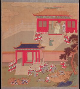 Kaiser Chin Wang Ti (r.221-210 v. Chr.) verbrennt alle chinesischen Bücher und wirft die Gelehrten in eine tiefe Schlucht, aus einer Geschichte der chinesischen Kaiser im Jahr 213 v. Chr.