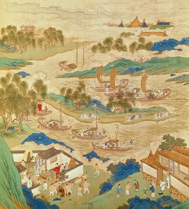 Kaiser Hui Tsung (r.1100-26) transportiert durchbohrte Steine und seltsam geformte Bäume, aus einer Geschichte der Kaiser von China