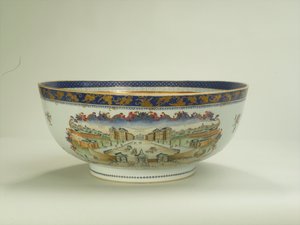 Famille-Rose-Punschschale mit ovalem Blattmotiv, das das Foundling Hospital in den 1750er Jahren darstellt, Qianlong-Periode (1736-95) ca. 1790