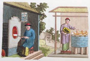 Brennen von Porzellan in China Ende des 18. Jahrhunderts, aus La Chine en Miniature, von J.B. Breton, Paris, herausgegeben von Nepveu, 1811