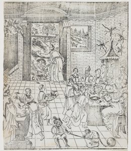 Lazarus im Haus des reichen Mannes, Platte aus Giulio Alenis Tianzhu jiangsheng zhuxiang jingjie (Eine illustrierte Geschichte des Herrn des Himmels, der Fleisch geworden ist), Jinjiang Kirche, Fu von Chinese School