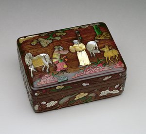 Rechteckige Tzu-Tan-Box, darstellend einen kaiserlichen Boten, der die Freilassung von Su Wu erwirken soll, hergestellt von der Chou-Familienwerkstatt, Mitte-spätes Ming-Dynastie 1368-1644