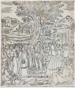 Johannes der Täufer predigt, Platte aus Giulio Alenis Tianzhu jiangsheng zhuxiang jingjie (Eine illustrierte Geschichte des Herrn des Himmels, der Fleisch geworden ist), Jinjiang Kirche, Provinz Fujian von Chinese School
