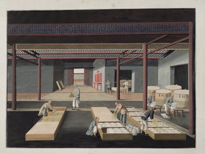 Das Verpacken und Versenden von Schalen und Tellern, Platte 12 aus einer Serie von zwölf, die den Herstellungsprozess von chinesischem Porzellan darstellen, 19. Jahrhundert