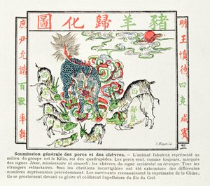 Der Kilin wird von den Schweinen und Ziegen verehrt, die die Fehler des Christentums erkannt haben und die Überlegenheit Chinas anerkennen, 1891