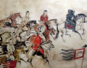 Grab des Prinzen Zhanghuai, Jagdszene mit Pferden, Xian, Han-Periode, 706 (Wandmalerei)