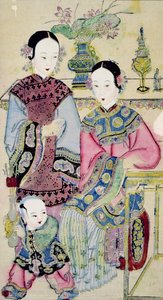 Zwei Frauen mit einem Kind, Yangliuqing (Farbholzschnitt) von Chinese School