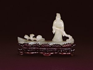 Zhang Qian auf einem Holzfloß, das mit einem Lingzhi-Zweig steuert, neben einem Lingzhi-Zweig und einem Pfirsich