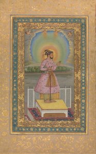 Shah Jahan auf einer Terrasse, hält ein Medaillon mit seinem Porträt, Folio..., 1627-28