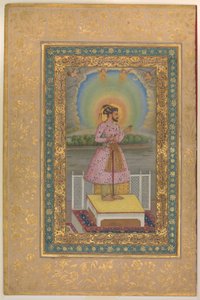 Shah Jahan auf einer Terrasse, hält ein Medaillon mit seinem Porträt, Folio aus dem Shah Jahan Album, recto: 1627-28