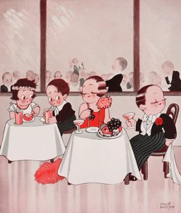 Stadtmäuse und Landmäuse, feine Bürger gegen unfeine Landbewohner, Restaurantszene, Zeichnung von Chloe Preston aus The Tatler, Nr. 1384, 4. Januar von Chloe Preston
