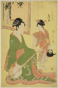 Schönheiten, die die sieben Weisen parodieren - Eine Auswahl jüngerer Kurtisanen (Shichi kenjin yatsushi bijin shinzo zoroe): Mitsuito vom Hyogoya von Chobunsai Eishi