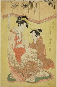 Schönheiten parodieren die sieben Weisen - Eine Auswahl jüngerer Kurtisanen (Shichi kenjin yatsushi bijin shinzo zoroe): Shinoura von der Tsuruya von Chobunsai Eishi