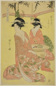 Schönheiten parodieren die sieben Weisen - Eine Auswahl jüngerer Kurtisanen (Shichi kenjin yatsushi bijin shinzo zoroe): Momiji von der Echizenya von Chobunsai Eishi