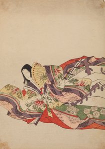 Sitzende, nach vorn geneigte Hofdame mit Fächer, Tafel aus dem Album: Nishiki-zuri onna sanju rokkasen e-zukushi von Chobunsai Eishi