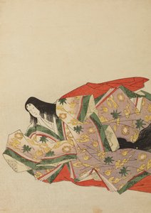 Hofdame in hellviolettem Gewand mit grünem und gelbem Muster, Tafel aus dem Album: Nishiki-zuri onna sanju rokkasen e-zukushi von Chobunsai Eishi