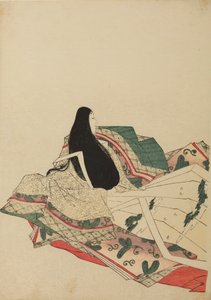 Sitzende Hofdame, zu drei Vierteln von hinten gesehen, Tafel aus dem Album Nishiki-zuri onna sanju rokkasen e-zukushi von Chobunsai Eishi