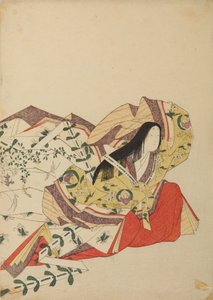 Dame des Hofes, sitzend mit erhobener Hand über dem Kopf, Tafel aus dem Album: Sechsunddreißig Dichterinnen / Nishiki-zuri onna rokkasen e-zukushi