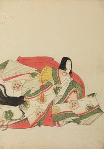 Sitzende Hofdame mit gelbem Fächer, Tafel aus dem Album: Nishiki-zuri onna sanju rokkasen e-zukushi von Chobunsai Eishi
