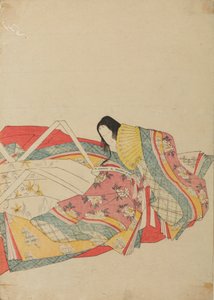 Sitzende Hofdame mit gelbem Fächer, Tafel aus dem Album: Sechsunddreißig Dichterinnen / Vollständige Bilderserie der sechsunddreißig Dichterinnen in Brokatdruck von Chobunsai Eishi