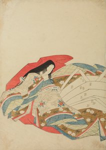 Sitzende, nach links gewandte Hofdame, Tafel aus dem Album „Nishiki-zuri onna sanju rokkasen e-zukushi“ von Chobunsai Eishi