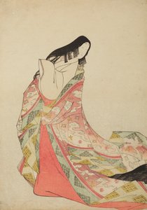 Stehende Hofdame in einem lilafarbenen Gewand, das von ihren Schultern geglitten ist, Tafel aus dem Album: Nishiki-zuri onna sanju rokkasen e-zukushi von Chobunsai Eishi