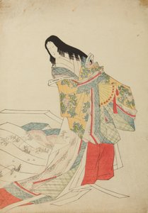 Stehende Hofdame mit Fächer, Tafel aus dem Album „Nishiki-zuri onna sanju e-zukushi“ von Chobunsai Eishi